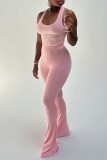 Gilet casual rosa solido Pantaloni con scollo a U senza maniche in due pezzi