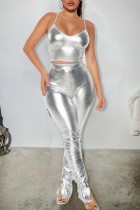 Silver Sexy Casual Solid Fold Pants Spaghetti Strap Sans Manches Deux Pièces