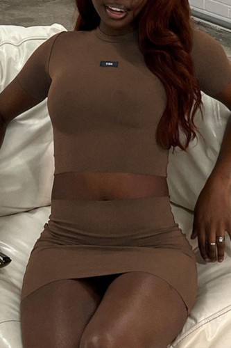Brownness Casual Solid Patchwork O Neck Short Sleeve Two Pieces