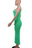 グリーンカジュアルソリッドパッチワークスパゲッティストラップスリングドレスドレス