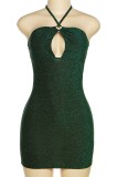 Зеленое сексуальное сплошное бинтовое платье с открытой спиной и бретельками без бретелек Платья
