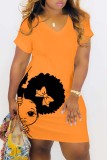 Orange Casual Print Basic V Neck Short Sleeve Dress