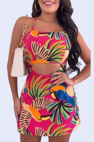 Rose Red Sexy Casual Print Hollowed Out Backless Spaghetti Strap Sleeveless Dress Dresses