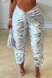 Pantalones plateados informales con pliegues sólidos regulares de cintura media de color sólido convencional