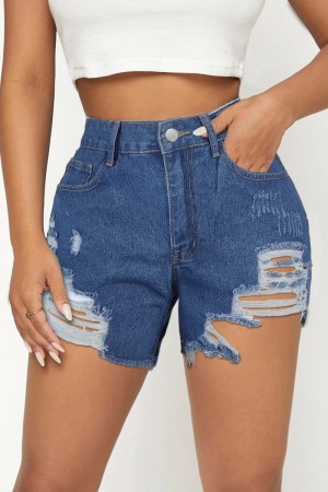 Deep Blue Casual Solid High Waist Regular Hot Pant Ripped Denim Shorts