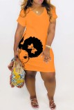 Orange Casual Print Basic V Neck Short Sleeve Dress