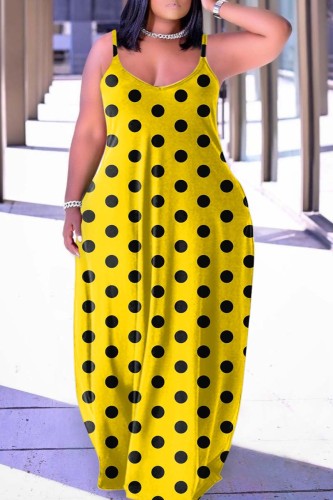 Желтое повседневное длинное платье с вырезом на спине и бретельками в горошек