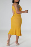 Yellow Casual Solid Patchwork Spaghetti Strap Sling Dress Dresses