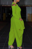 Green Casual Solid Patchwork V Neck Loose Jumpsuits