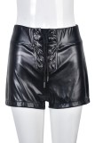Pantalones cortos de color sólido convencional de cintura alta flaco de frenillo sólido informal negro