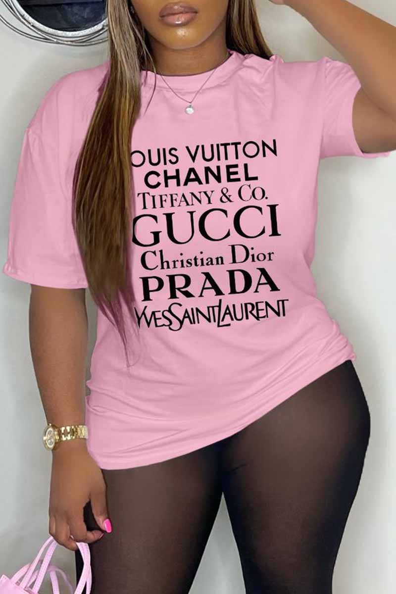 Pink Casual Print Letter O Neck T-Shirts