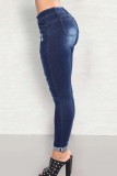 Jeans jeans skinny azul escuro casual sólido rasgado cintura alta