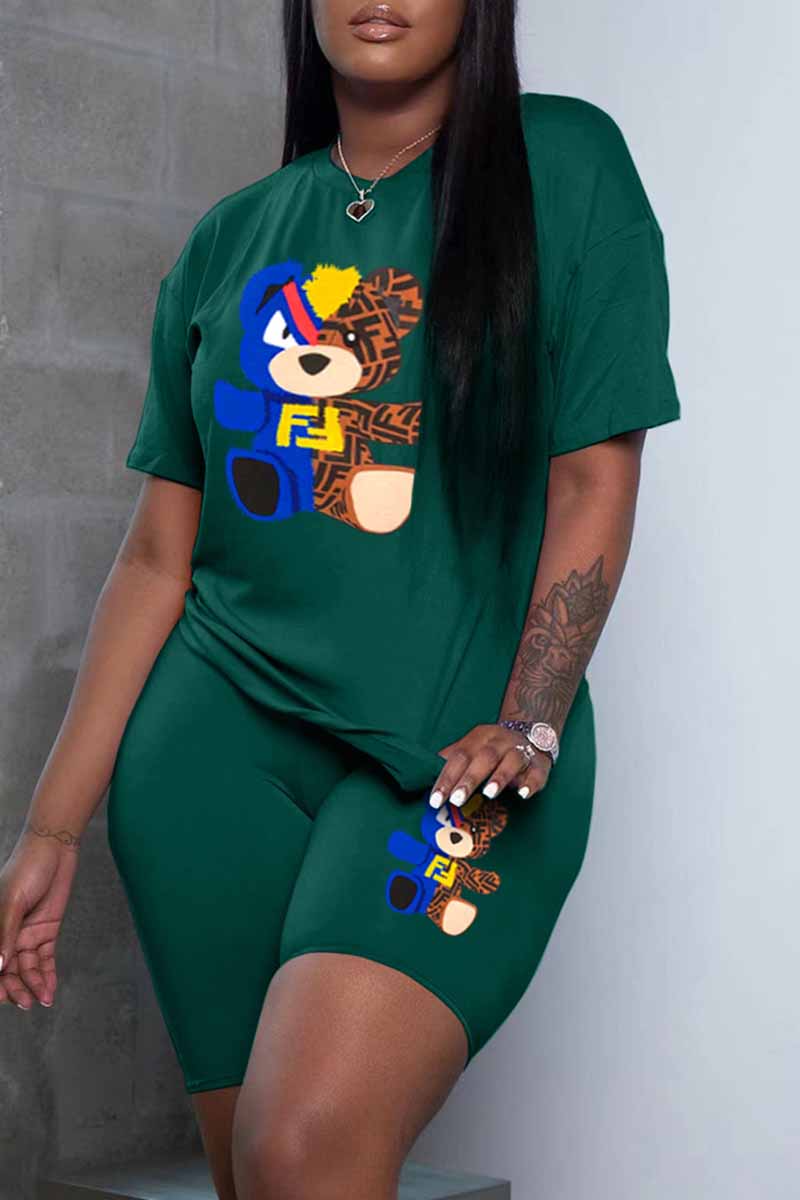 Green Casual Print Letter O Neck Short Sleeve Two Pieces
