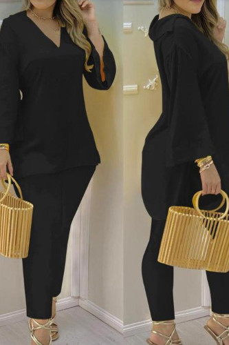 Black Casual Solid Patchwork V Neck Long Sleeve Two Pieces