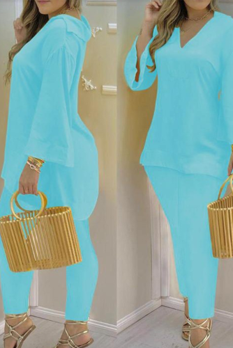 Light Blue Casual Solid Patchwork V Neck Long Sleeve Two Pieces