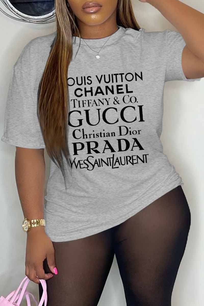 

Grey Casual Print Letter O Neck T-Shirts