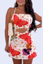 White Red Sexy Casual Print Hollowed Out Backless Spaghetti Strap Sleeveless Dress Dresses
