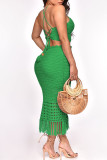 Green Sexy Solid Tassel Hollowed Out Patchwork Frenulum Sleeveless Two Pieces