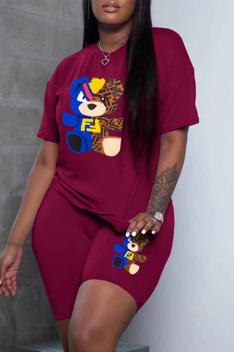 

Burgundy Casual Print Letter O Neck Short Sleeve Two Pieces