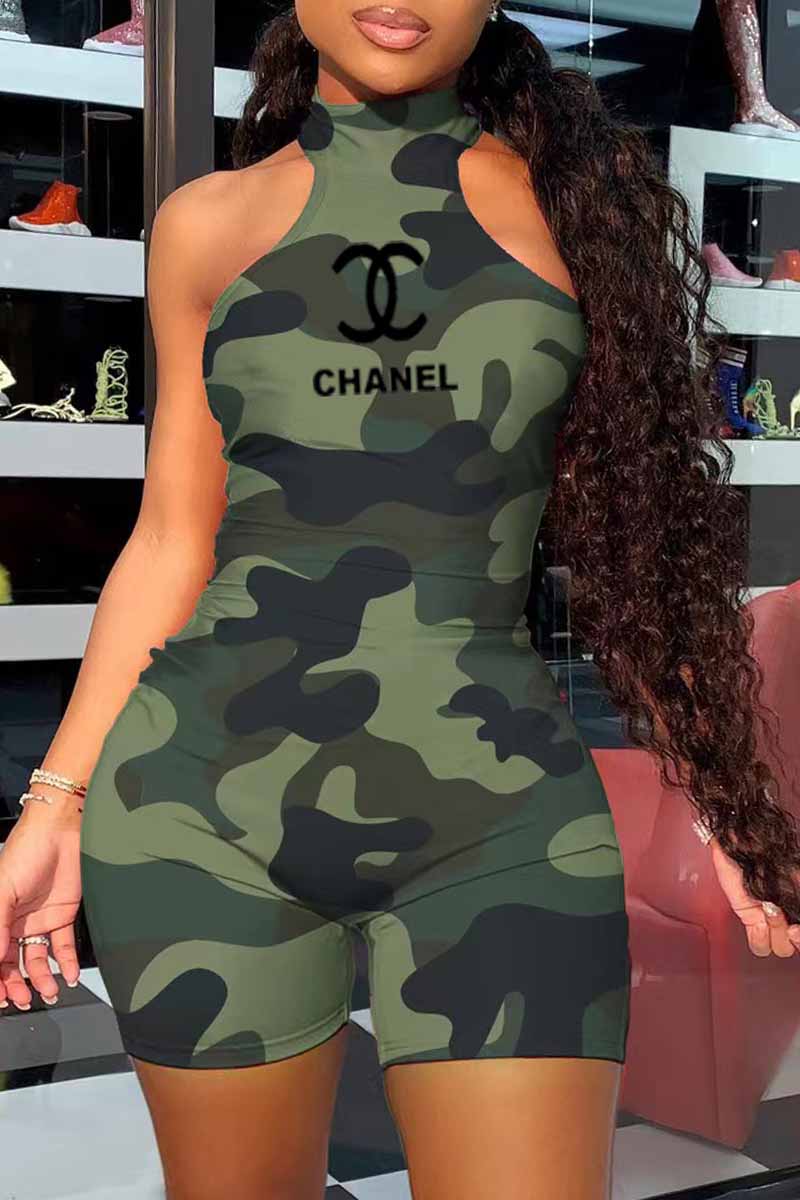 

Army Green Street Print Letter O Neck Jumpsuits