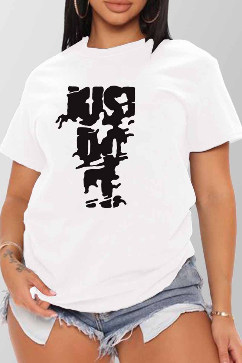 

White Casual Print Letter O Neck T-Shirts