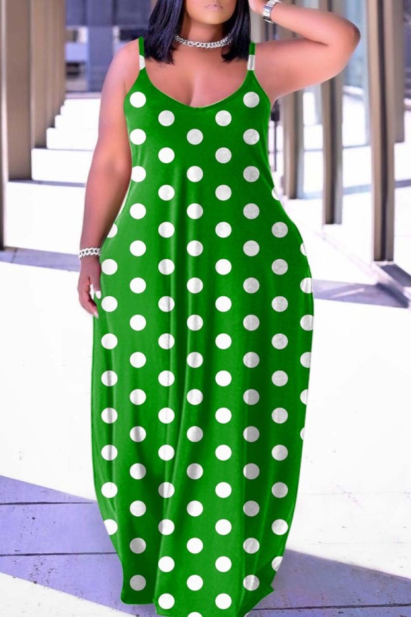 Groene casual stippenprint rugloze lange jurk met spaghettibandjes