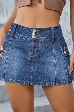 Blue Casual Solid Patchwork Regular Cargo Denim Mini Skirts
