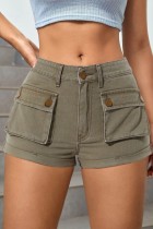 Shorts jeans skinny cintura alta casual patchwork liso caqui