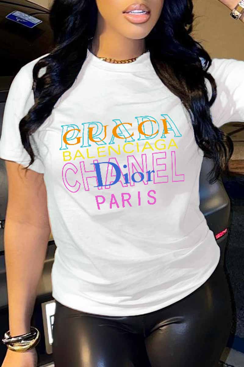 

White Casual Print Letter O Neck T-Shirts
