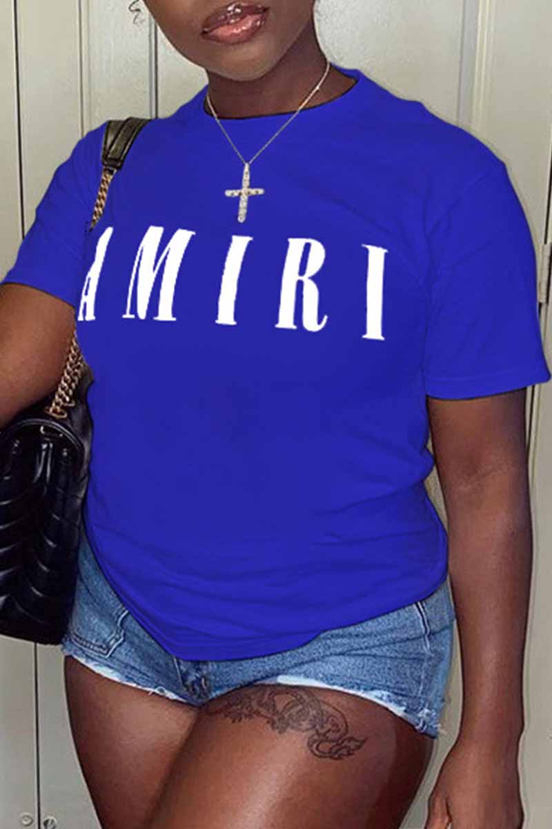 

Blue Casual Print Letter O Neck T-Shirts