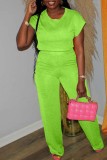 Fluoreszierendes Grün Lässige Kleidung Einfarbig Basic O-Ausschnitt Kurzarm Zweiteiler