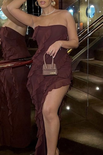 Burgundy Sexy Solid Patchwork Backless Slit Strapless Long Dress Dresses