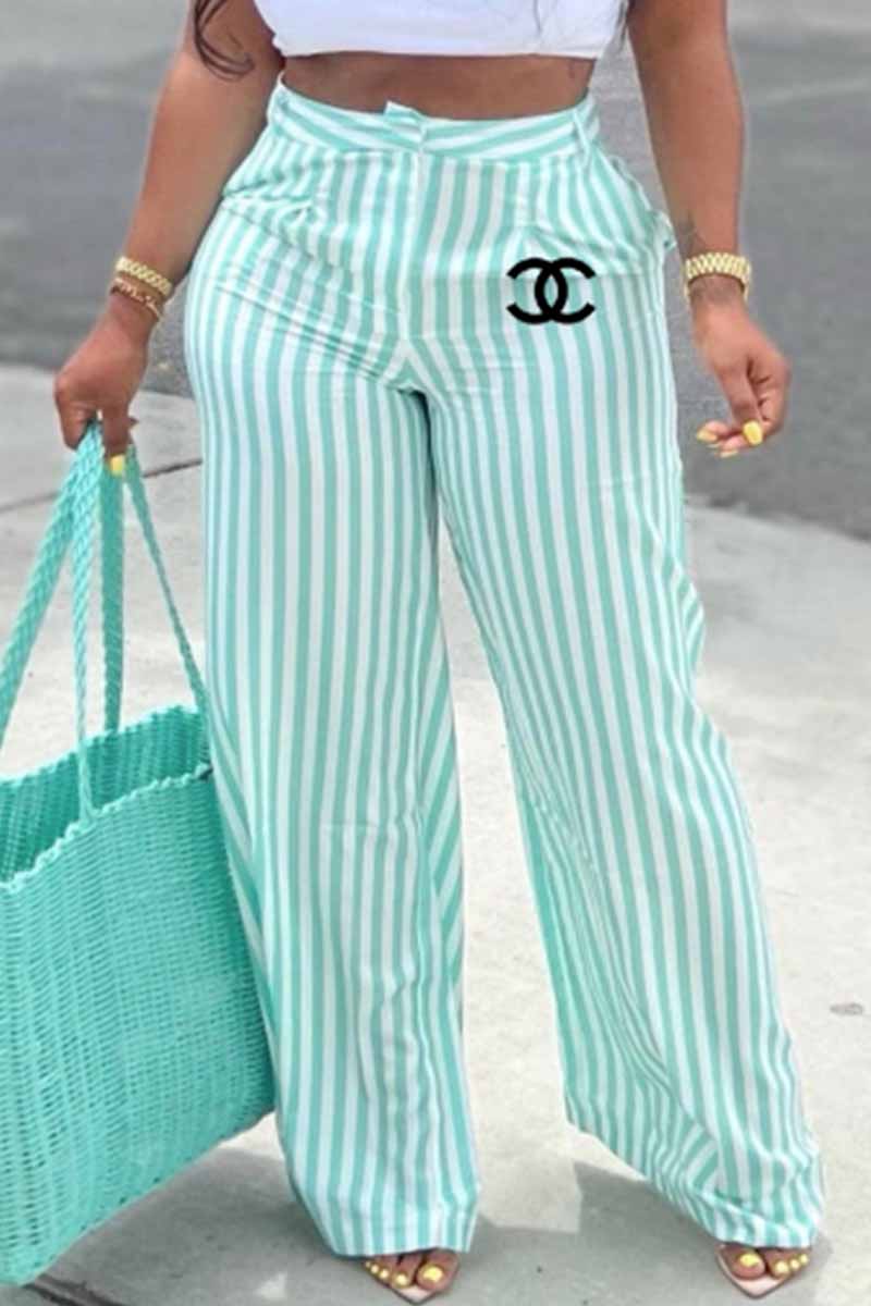 Cyan Casual Striped Print Letter Straight High Waist Wide Leg Bottoms