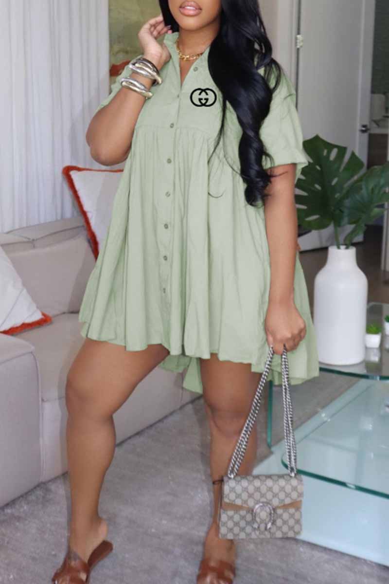 

Green Casual Print Letter Turndown Collar A Line Dresses