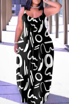 ブラック ホワイト カジュアル プリント パッチワーク スパゲッティ ストラップ スリング ドレス ドレス