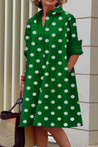 Green Casual Print Patchwork Buckle Turndown Collar Dresses