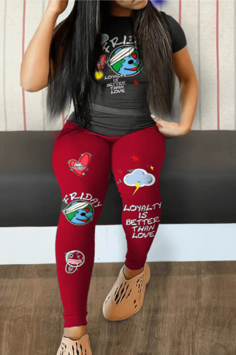 Black Red Casual Print Patchwork O Neck Plus Size Two Pieces
