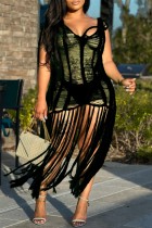 Black Sexy Solid Tassel Hollowed Out See-through V Neck Sleeveless Dress Dresses