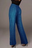 Pantalon de couleur unie conventionnel taille haute classique patchwork décontracté bleu