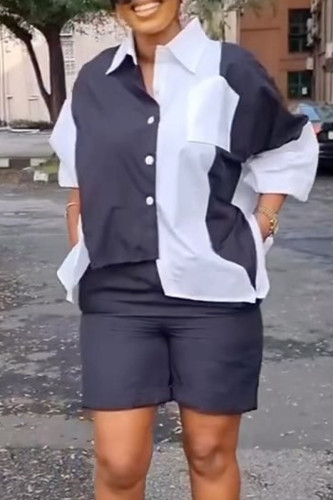 Black And White Casual Solid Patchwork Buckle Asymmetrical Turndown Collar Long Sleeve Two Pieces