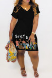 Red Casual Print Basic V Neck Short Sleeve Dress