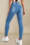 Jeans skinny azul médio casual patchwork sólido cintura alta