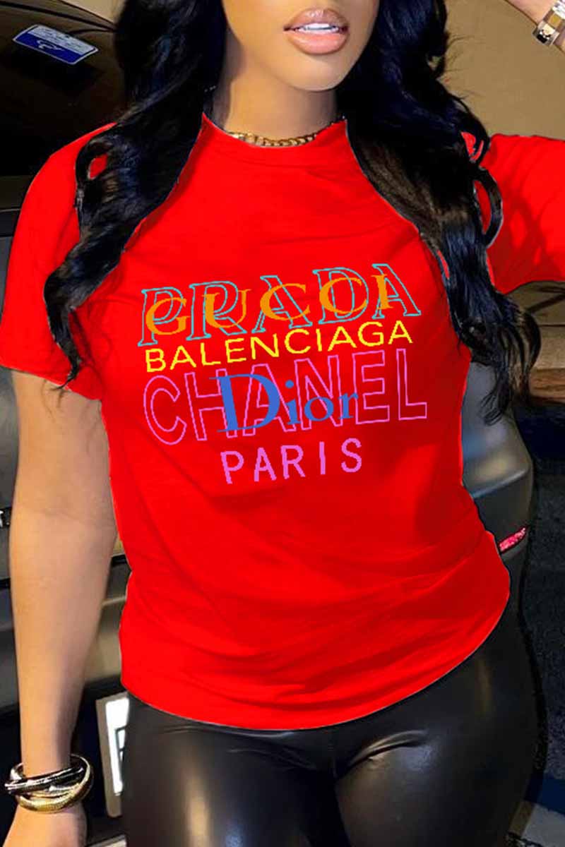 

Red Casual Print Letter O Neck T-Shirts