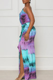Lichtblauwe sexy print uitgeholde patchwork gleuf schuine kraag rechte jurken