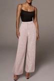 Pink Casual Patchwork Regular High Waist Conventional Solid Color Trousers