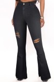 Schwarze, lässige, solide, zerrissene Skinny Denim Jeans mit hoher Taille
