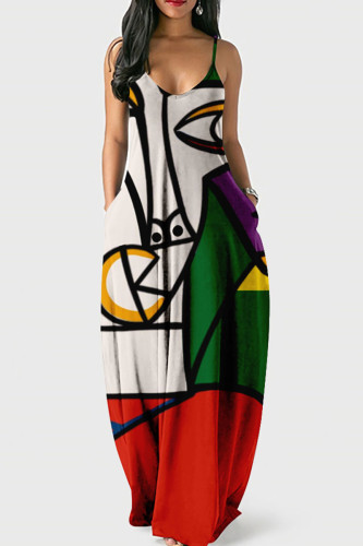 Red Green Casual Print Patchwork Spaghetti Strap Sling Dress Dresses