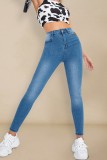 Jeans skinny azul médio casual patchwork sólido cintura alta