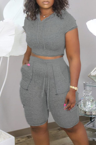 Grey Casual Solid Patchwork Hooded Collar Short Sleeve Two Pieces