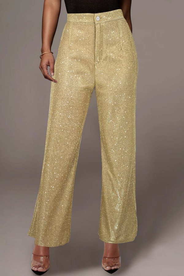 Pantalones de color sólido convencional de cintura alta de patchwork casual dorado